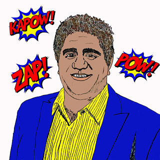 Comiczeichnung eines Mannes umgeben von Sprechblasen mit "Kapow!", "Zap!" und "pow!".